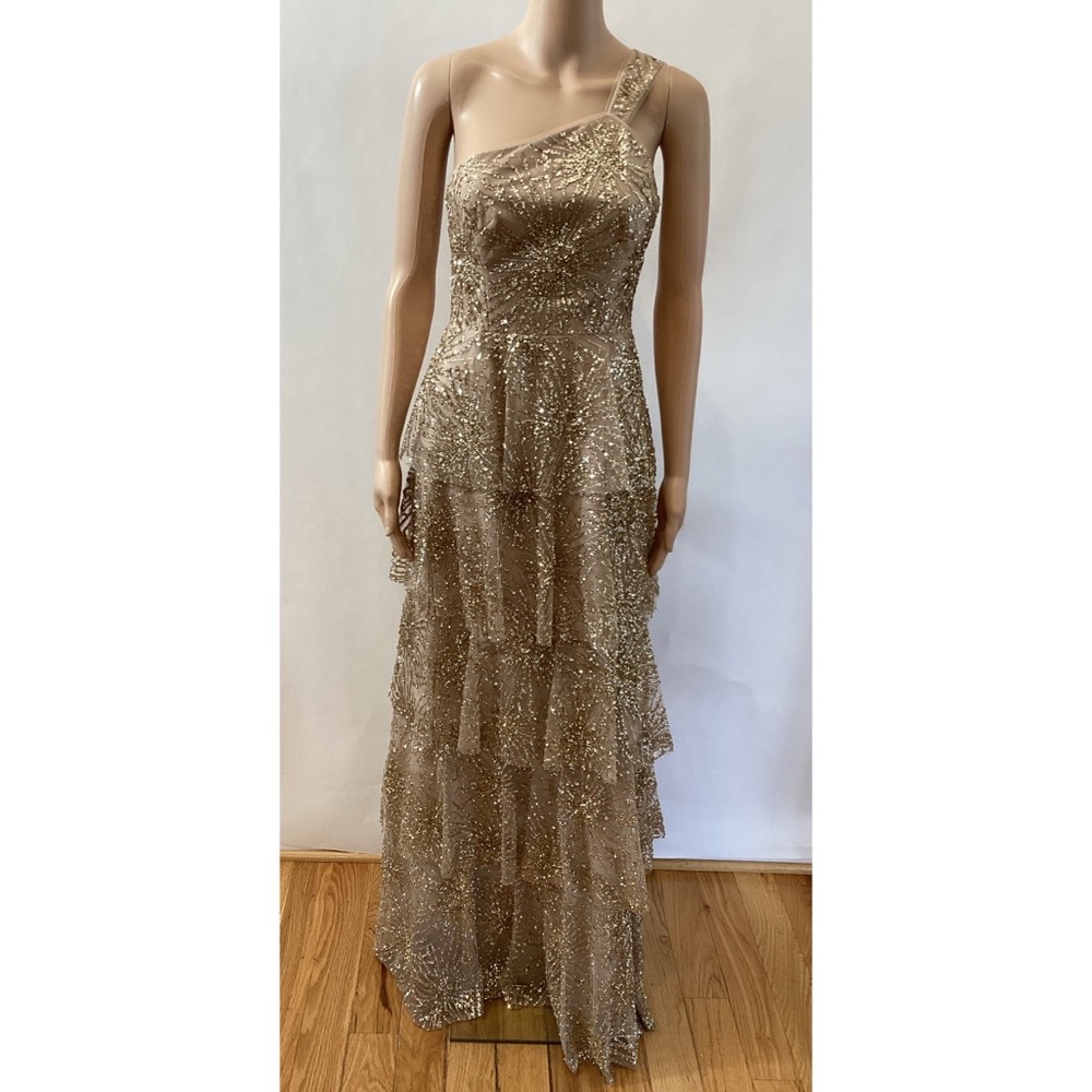 MARCHESA NOTTE GOLD GLITTER & BEADED TIERED GOWN
